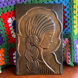 Vintage Copper Relief Portrait Woman Lady Embossed